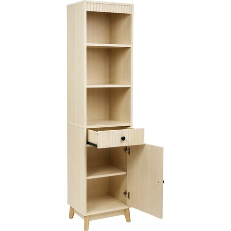 Freistehender Badhochschrank 172 cm aus MDF in Holzoptik mit Schublade und reversibler Tür (1/5)
