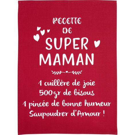 Torchon de cuisine rouge avec message Super Maman absorbant avec attache 50 x 70 cm - PANGIVO