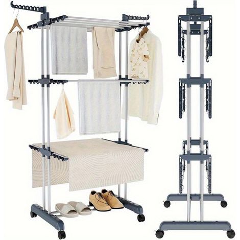 Large 4-Tier Foldable Stainless Steel Drying Rack with Wheels, Black (1/5)