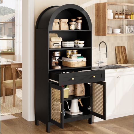 Vetrina moderna ad arco 170 cm nera effetto legno con ante in rattan e cassetto (1/5)