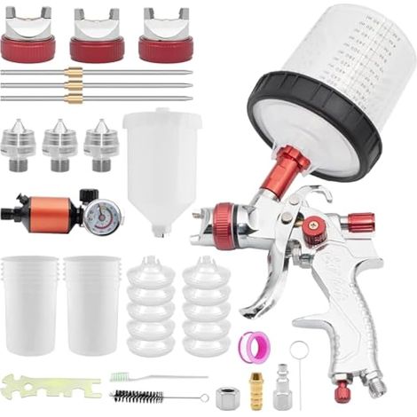 HVLP Pistolet pulvérisateur à alimentation par gravité, kit de pistolet à peinture automobile avec buses de 1,4, 1,7, 2 mm, 10 gobelets de peinture jetables 600 cc et couvercles, régulateur de (1/5)