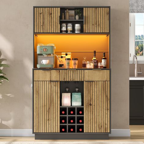 Buffet de cuisine - 105x40x180 cm - tiroirs - éclairage led - rangement à vin - étagères en verre - mdf - noir et bois naturel (1/5)