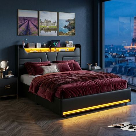 Letto 140x190 con contenitore - letto a cassettone - rete a doghe - Porta USB e LED integrato - PU nero - 2 persone