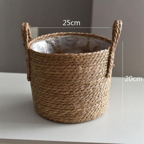 1 Panier en jonc de mer, doublure plastique, pot fleur rond, rangement maison, décoration intérieur extérieur (1/4)