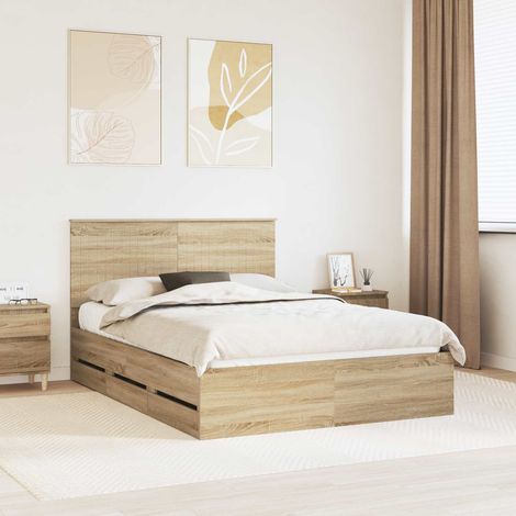 Cadre de lit Sonoma en bois d'ingénierie, couleur chêne, taille 140x190 cm, avec rangement intégré et design minimaliste, tiroirs discrets pour une chambre contemporaine. (1/4)