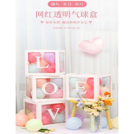 Boîte Ballon - Boîte Transparente Cubique 30 x 30 x 30 cm - Décoration Anniversaire Révélation Sexe - Lot de 4 avec Lettres L O V E (1/5)