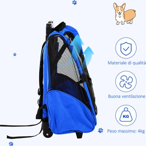 Sac à dos transport 2 en 1 chien chat, roues pivotantes, poignée escamotable, poches latérales, bleu 42x25x55cm (1/5)