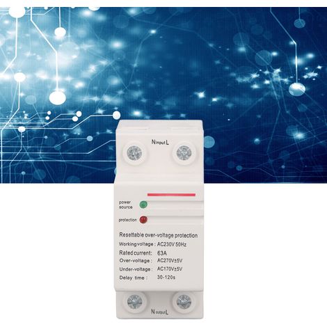 Dispositif de protection contre les surtensions/sous-tensions à réarmement automatique, monophasé 220V240V, interrupteur de protection à temporisation et limitation de courant, 63A, montage sur rail D (1/5)