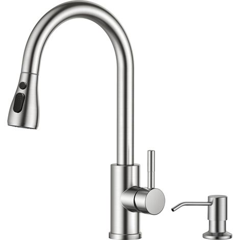 Mitigeur de Robinet Cuisine avec distributeur de savon, Mitigeur Cuisine extensible à 2 modes de jet, mitigeur monocommande eau chaude et froide, Acier Inoxydable (1/5)