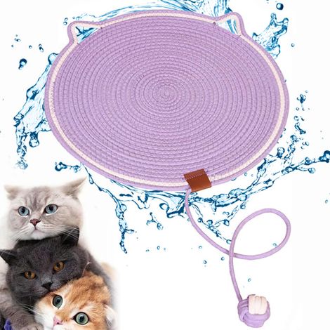 Tapis pour chat, résistant aux griffures et à l'usure, tapis à balle auto-stimulant, rond, en coton naturel, violet, 50 x 50 cm, avec jouet (1/5)