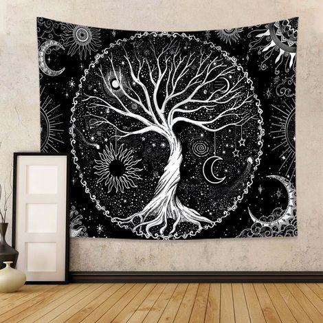 Arbre de Vie Tapisserie Lune et Soleil Tenture Psychédélique Mandala Étoilé Hippie Décoration Murale pour Chambre Dortoir Fête CM Noir (1/5)