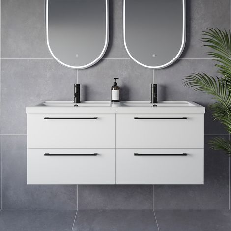 Napoli 390 Gloss White 1200mm Wall Mounted 4 Drawer Vanity Unit with Double Lucia Basins - 1200mm - Matt Black 320mm Handle