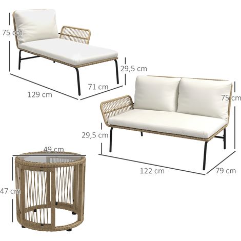 Salon de jardin rotin : transat, table basse, canapé 2 places, coussins crème, pour terrasse et balcon