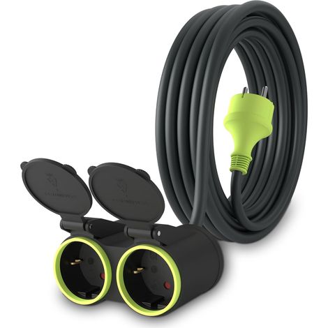 5m Rallonge avec 2 Prises Schuko pour Usage Câble étanche IP44 H05RR-F3G 1,5 mm² Double rallonge 2 Prises Prolongateur électrique pour l'extérieur à 2 Voies 5 mètres Noir/Vert (1/5)
