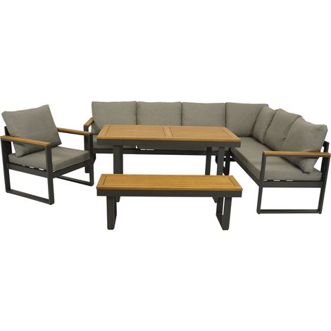 KAMPALA: Funktions Eckbank- Set (1x Ecksofa 252x187cm, 1x Sessel, 1x Hockerbank 120cm, 1x Dining Tisch 140x70x68cm) Alu anthrazit, mit Polsterauflagen grau, Armlehnen + Tischplatte Akazie