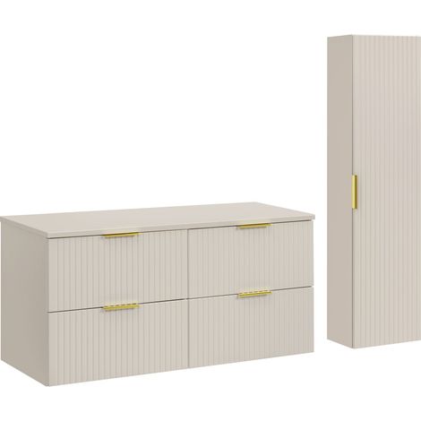 Furnidea - Ensemble ADEL CACHEMIRE meuble suspendu sous vasque avec plan 120 cm et colonne 35 x 140 cm - façades rainurées (1/5)
