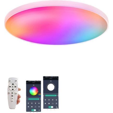 Plafonnier LED ultra-fin avec cadre blanc, dimmable, changement de couleur RGB+W (4000 Kelvin), rétroéclairage, avec télécommande, 24W diamètre 30 cm, pour chambre à coucher (1/4)