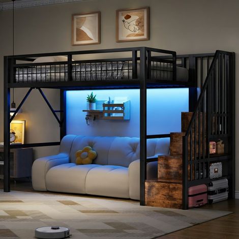 Lit Mezzanine 90x200cm LED & Escalier Rangement, Cadre Métal Noir, Espace Bureau/Jeu, Lit Surélevé Enfant Ado sans Matelas (1/5)