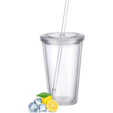 Plastic Cup Double Wall Clear with Straw Reusable Suitable for Coffee and Juice (1/5)