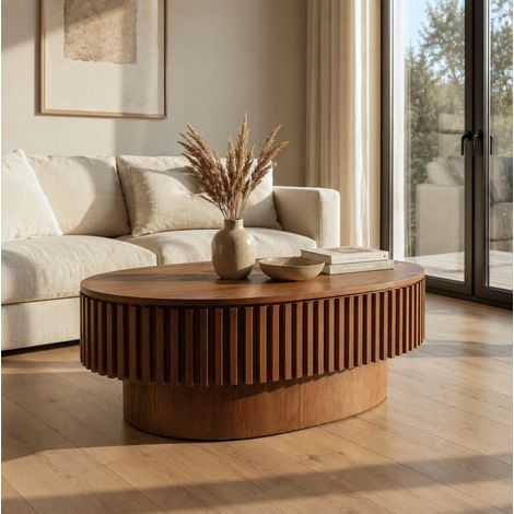 Tavolino basso ovale 98 x 60 x 35 cm con vano nascosto, noce, MDF impiallacciato DESVIAE (1/5)