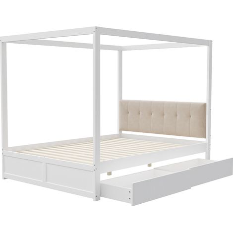 Cama cabaña 140 x 200 cm blanca con 2 cajones y cabecero acolchado HOMVRA (1/5)