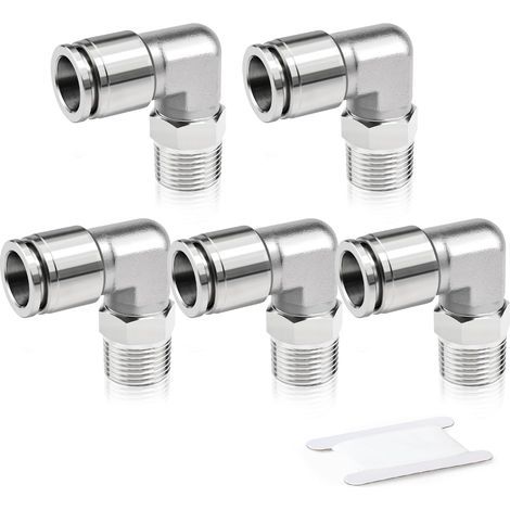 5-teiliges Fittingset aus Edelstahl 304, pneumatischer Steckanschluss, 8 mm Außendurchmesser Rohr x 1/4" BSP Außengewinde Winkelstücke (1/5)