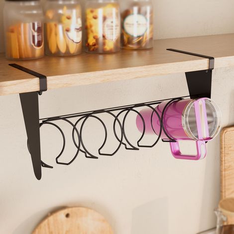 Porte-Gobelets Sous Placard, Support pour Gobelets Stanley 40oz, 4 Emplacements, Installation sans Perçage, en Métal Noir