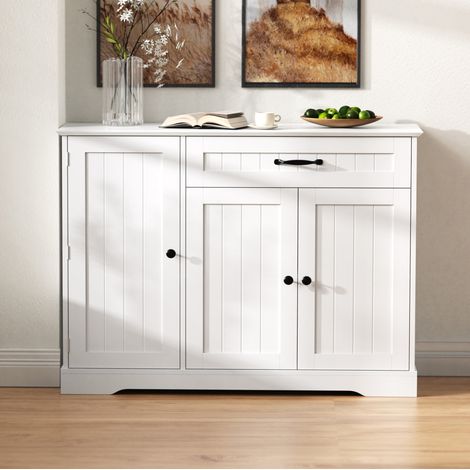 Sideboard en MDF blanc, 3 portes et 1 tiroir, rangements réglables, poignées métal noir, style moderne (1/5)