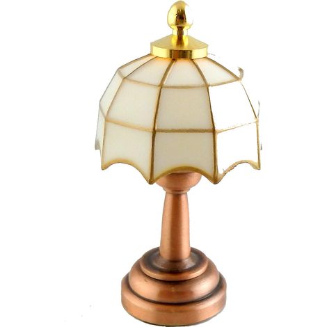 Lampe en cuivre pour maison de poupée, abat-jour Tiffany blanc et or, éclairage LED à piles, échelle 1:12 ( )