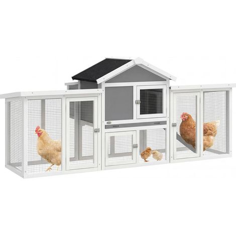 Abri sécurisé poulailler clapier chalet en bois de sapin avec rampes et tiroir 204x85x93 cm pour poules et lapins gris (1/5)