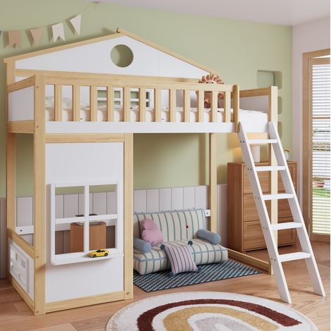 Etagenbett 90 x 200 cm mit Treppe, Dach, Fenster, Weiß/Natur OKMYHOME (1/5)