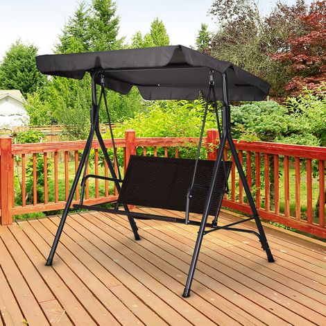 Columpio de jardín de 2 plazas con toldo ajustable, 140x110x151 cm, marrón y gris. (1/5)