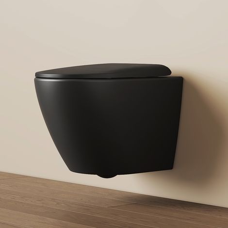 EMKE Toilette Spülrandlos WC mit Direkter Spülung Wandmontage Hänge-WC 37x37x49cm D-Form Hochtemperaturkeramik Mattschwarz