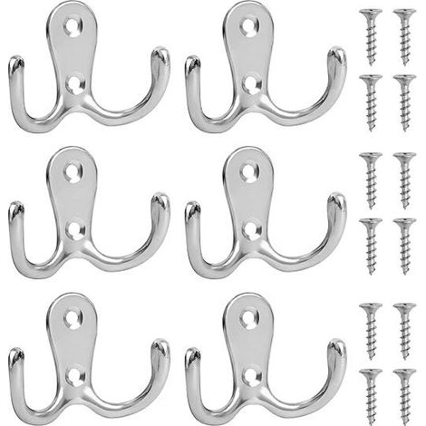 Lot de 6 Crochets Double Patère Argenté, Crochet Porte à Porte avec 12 Vis, Fixation Murale Chrome pour Suspendre Chapeaux, Cravates, Vêtements, Serviettes, Patère Vintage en Métal pour Chambre, Salle (1/5)