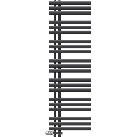 LuxeBath Badheizkörper Iron EM 500x1600 mm Anthrazit Seitenanschluss mit Anschlussgarnitur Thermostat Durchgang Boden, Design Heizkörper Bad Heizung Handtuchwärmer Handtuchtrockner Handtuchheizkörper