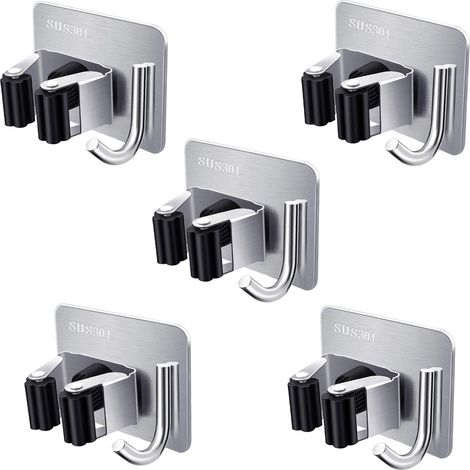 Portautensili, portautensili da giardino, porta mocio autoadesivo, porta mocio da parete in acciaio inox senza fori per cucina e giardino, 5 pezzi