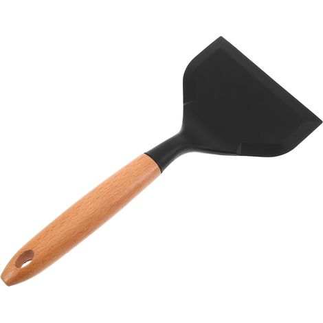 Spatule silicone noire manche bois large, antiadhésive résistante chaleur, pour wok, poêle ou service (1/5)