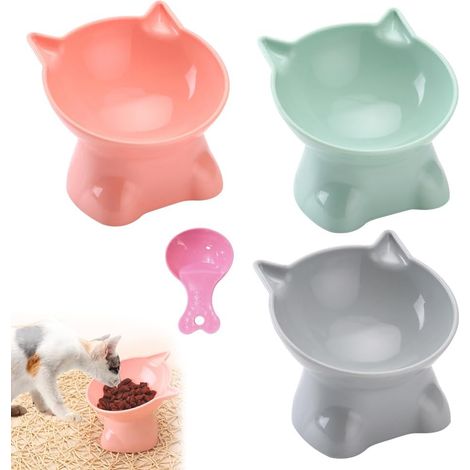Set di 3 ciotole rialzate per gatti con cucchiaio angolato, ciotole rialzate a 15°, ciotola anti-vomito, stazione di alimentazione rialzata, ciotola per l'acqua (1/5)