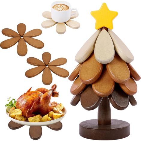 APEX Ensemble de quatre tapis isolants thermiques en bois en forme d'arbre, design pliable, décoration pour table à manger. (1/5)