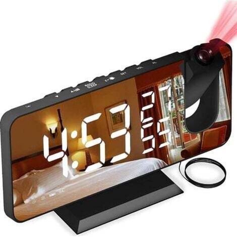 Radio-réveil avec projecteur d'heure, réglage de la luminosité, affichage numérique, radio FM, double alarme, grand écran LED, affichage électronique de la température et de l'humidité, noir (1/4)