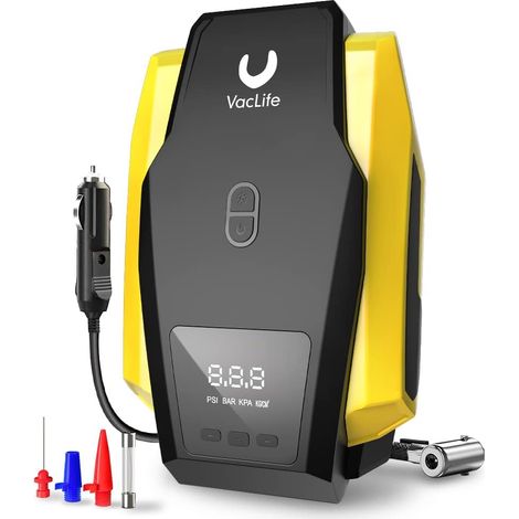 1 compresseur d'air portable, 12 V CC, avec éclairage LED, pour pneus voiture vélo, arrêt automatique, embouts multifonctionnels (1/5)