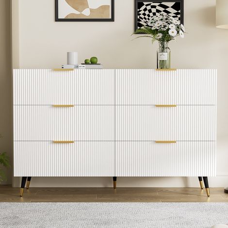 Commode 120 cm, avec 6 tiroirs, poignées dorées et pieds en métal, style Scandinave, Bahut en bois pour Salon, manger - Blanc (1/5)