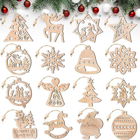 Lot 46 ornements bois Noël flocon élan père Noël (1/5)