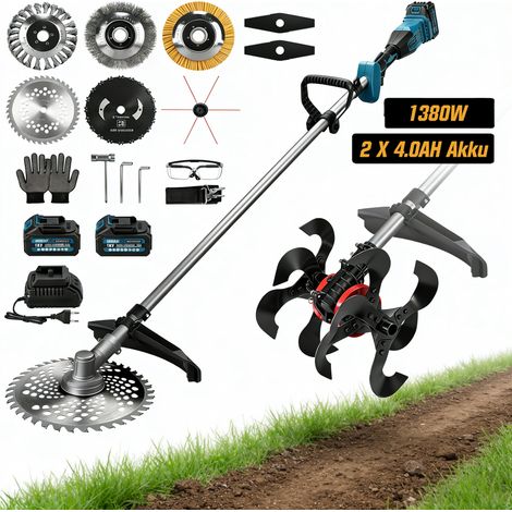 2-En-1 1380W Motobineuse électrique et Coupe-Bordures Brushless Sans Fil avec 2 Batteries 4.0AH 18800 RPM/680 RPM, Debroussailleuse Electrique, 7 Lames, pour la Coupe de Jardin, Compat. Makita 18V (1/5)