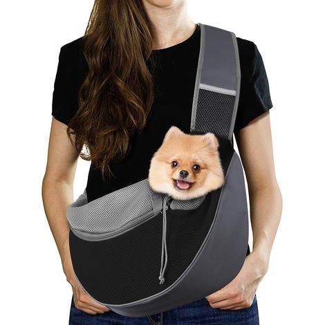 1 Sac de Transport Bandoulière Réglable, Tissu Oxford et Maille Respirante, Poche Zippée et Boucle en D, pour Chien Petit et Moyen (1/5)