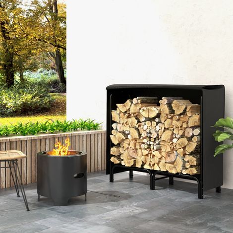 Feuerholzgestell, 0,33 m³, mit Tragetasche & Abdeckung, Metallrahmen, bis 150 kg, 120 x 36 x 99 cm, Schwarz (1/5)