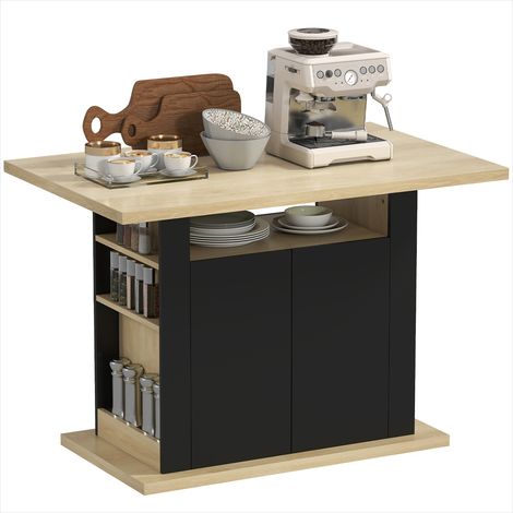 Îlot de cuisine en panneau de particules noir, plan de travail 110x70 cm, 4 portes, 6 étagères latérales, style contemporain (1/5)
