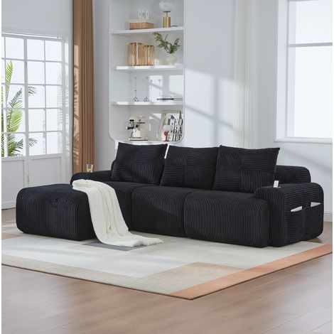 Sofá modular de pana negra 3 plazas con portavasos, bolsillo lateral y reposapiés, 268x174x80 cm (1/5)