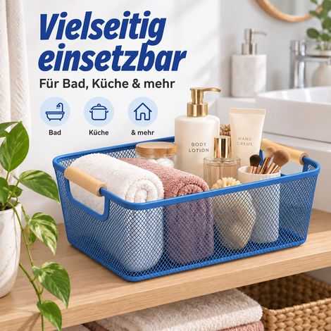 Relaxdays Drahtkorb mit Holzgriffen, eckig, Aufbewahrungskorb Metall, HBT 16,5 x 37 x 22,5 cm, Küche, Bad, dunkelblau