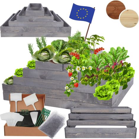 MODO24 ZP09 Carré potager surélevé en escalier modulable, bois de pin, herbes/légumes, jardin/terrasse/balcon, 45x117x100 cm, gris (1/5)